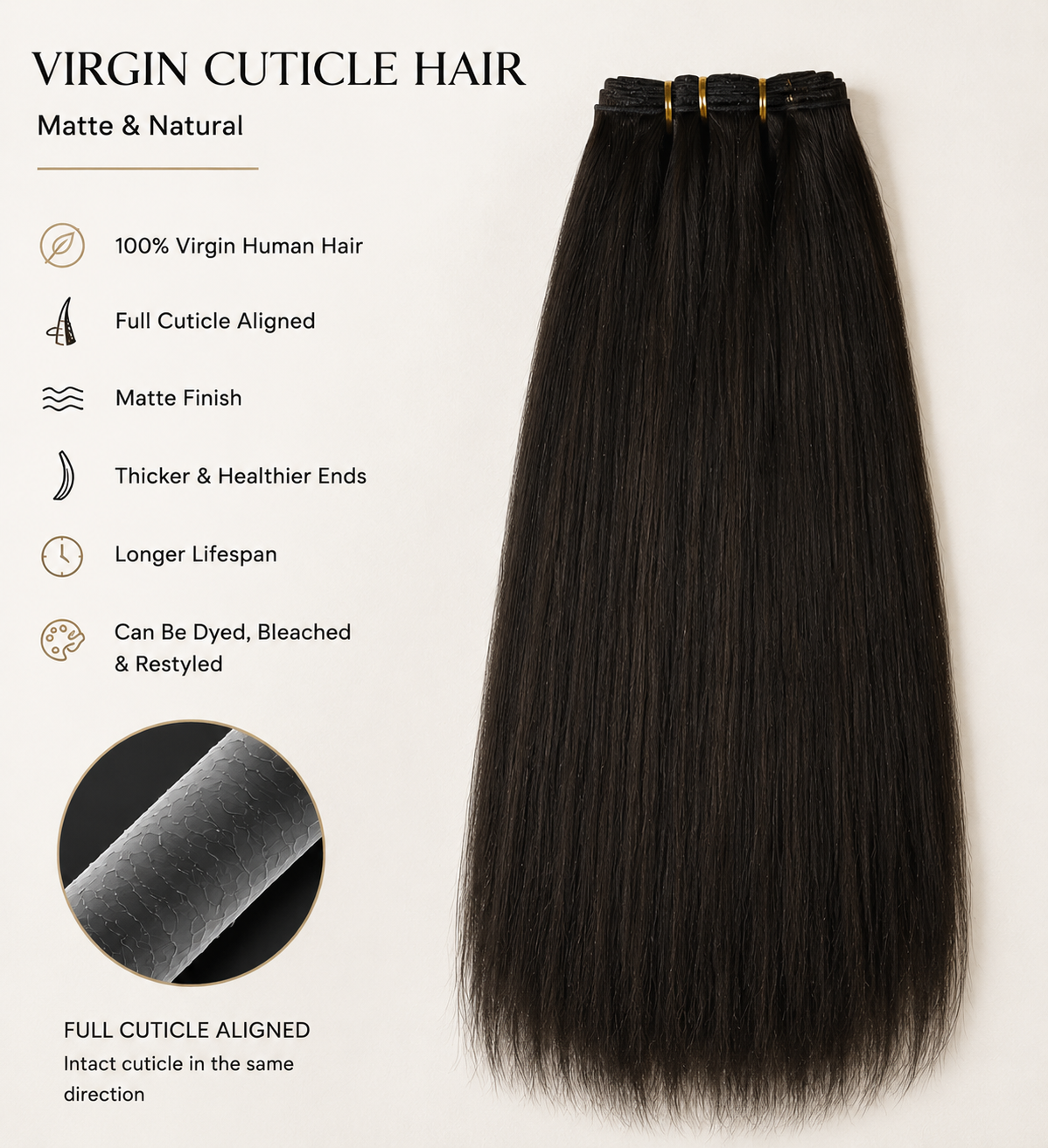 Premium virgin cuticle hair extensions with a natural matte finish