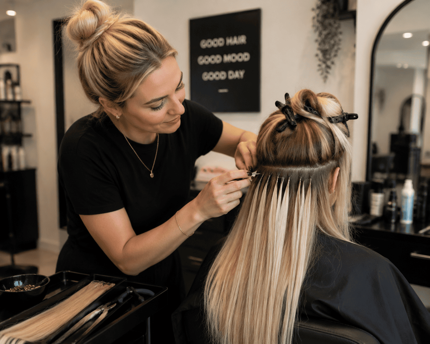 Hairstylist preparing premium human hair extensions for a client installation